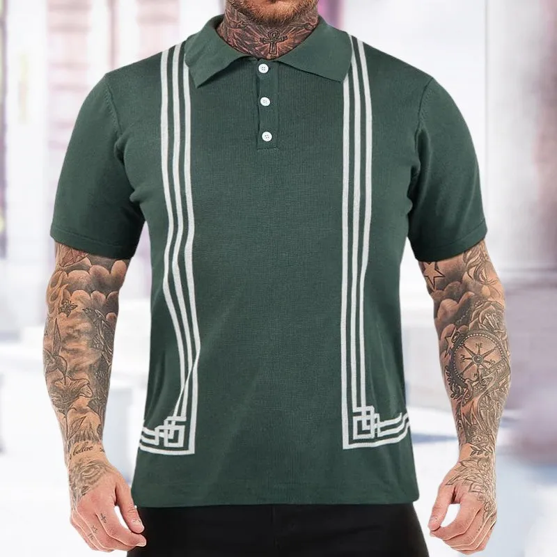 Summer Clothing Men\'s Luxury Knitted Short Sleeve Polo Shirt Retro Lapel Button-down Patchwork Fashion Business Leisure Knitwear