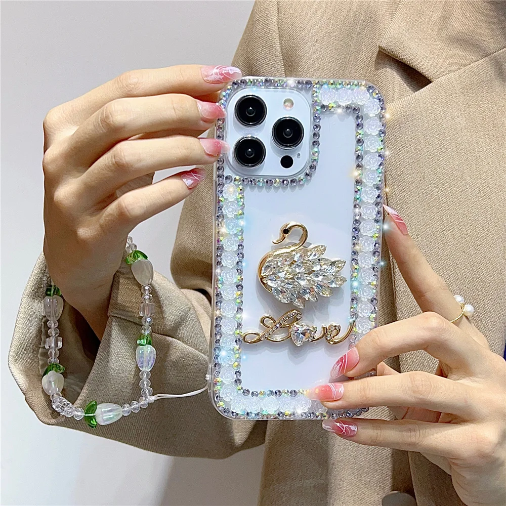 Rose sticker diamond lace phone case suitable for iPhone 16 Promax/14/15/13 protective cover transparent all inclusive swan