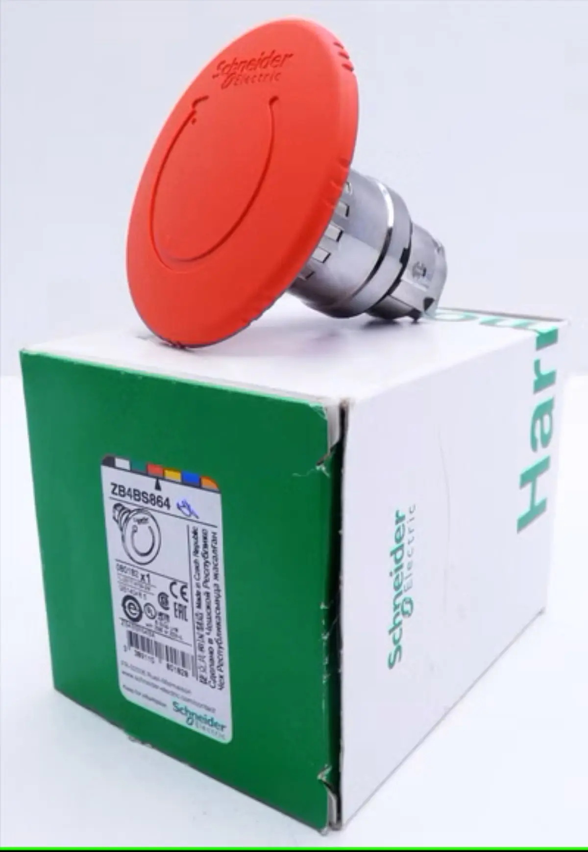 ZB4BS864 Red Ø60 Emergency stop, switching off head Ø22 trigger and latching turn release