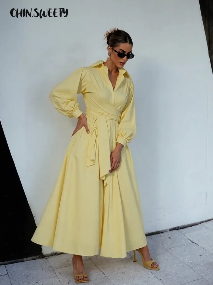 Fashion Women's Shirt Style Dress Waist-Closed Long Sleeve Turn-Down Collar Lace Up Dresses 2025 Summer Casual Female Vetidos