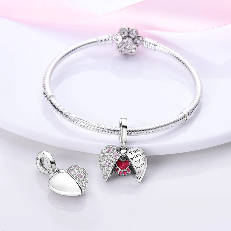 925 Sterling Silver Heart Shaped Paw Print Magnetic Attraction Charms Pendant For Women Fit Original Bracelet DIY Jewelry Gifts