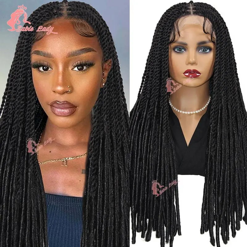 Sintético Knotless Full Lace Trançado Peruca para Mulheres Negras, Box Tranças, Lace Front Perucas, Borboleta Senegalesa, Twist Trança Peruca, 24"