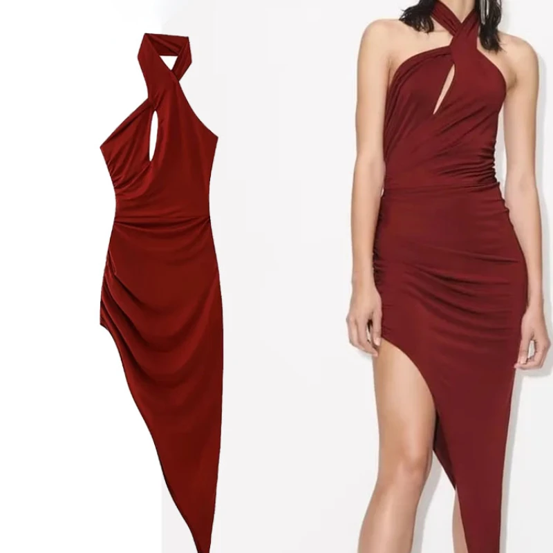 

Woman Hollow Out Sling Midi Long Dress 2023 Summer Sleeveless Vintage Elegant Slim Sexy Dresses