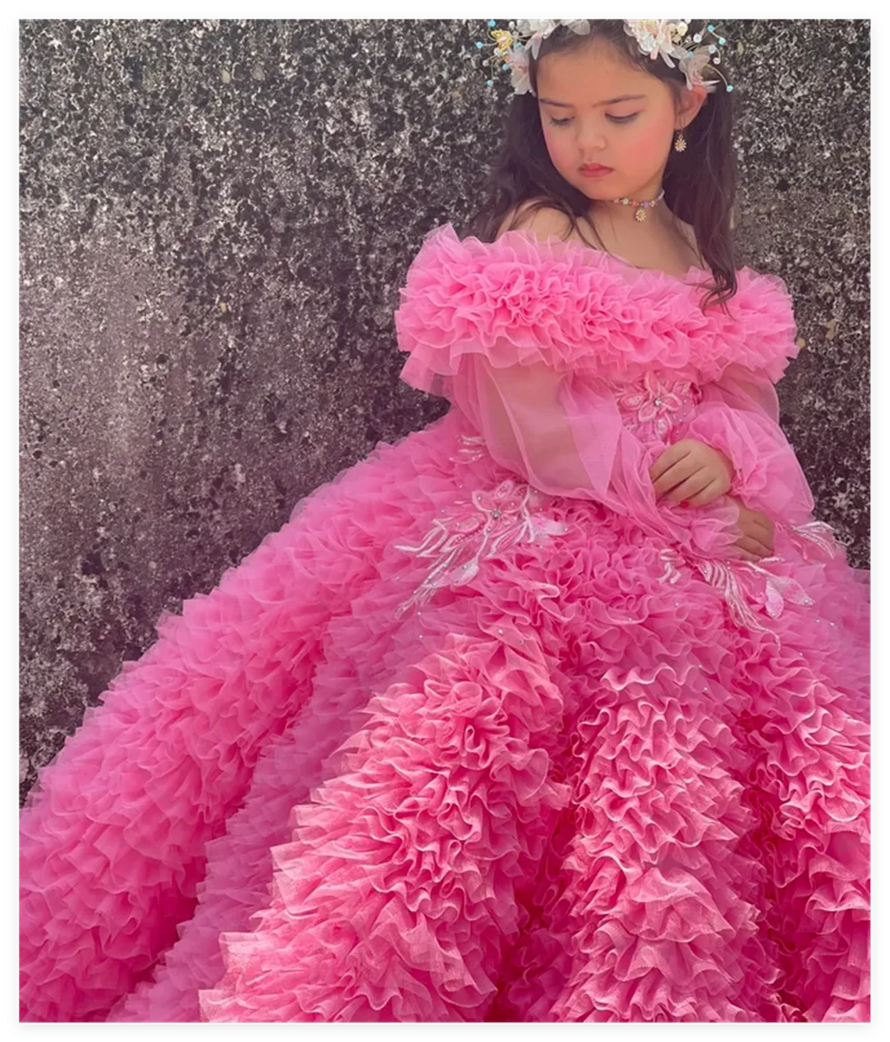 

Flower Girl Dresses Luxury Pink Flower Girl Dress Wedding Party Appliqued Extra Puffy Princess Holy First Communion Dress Long S