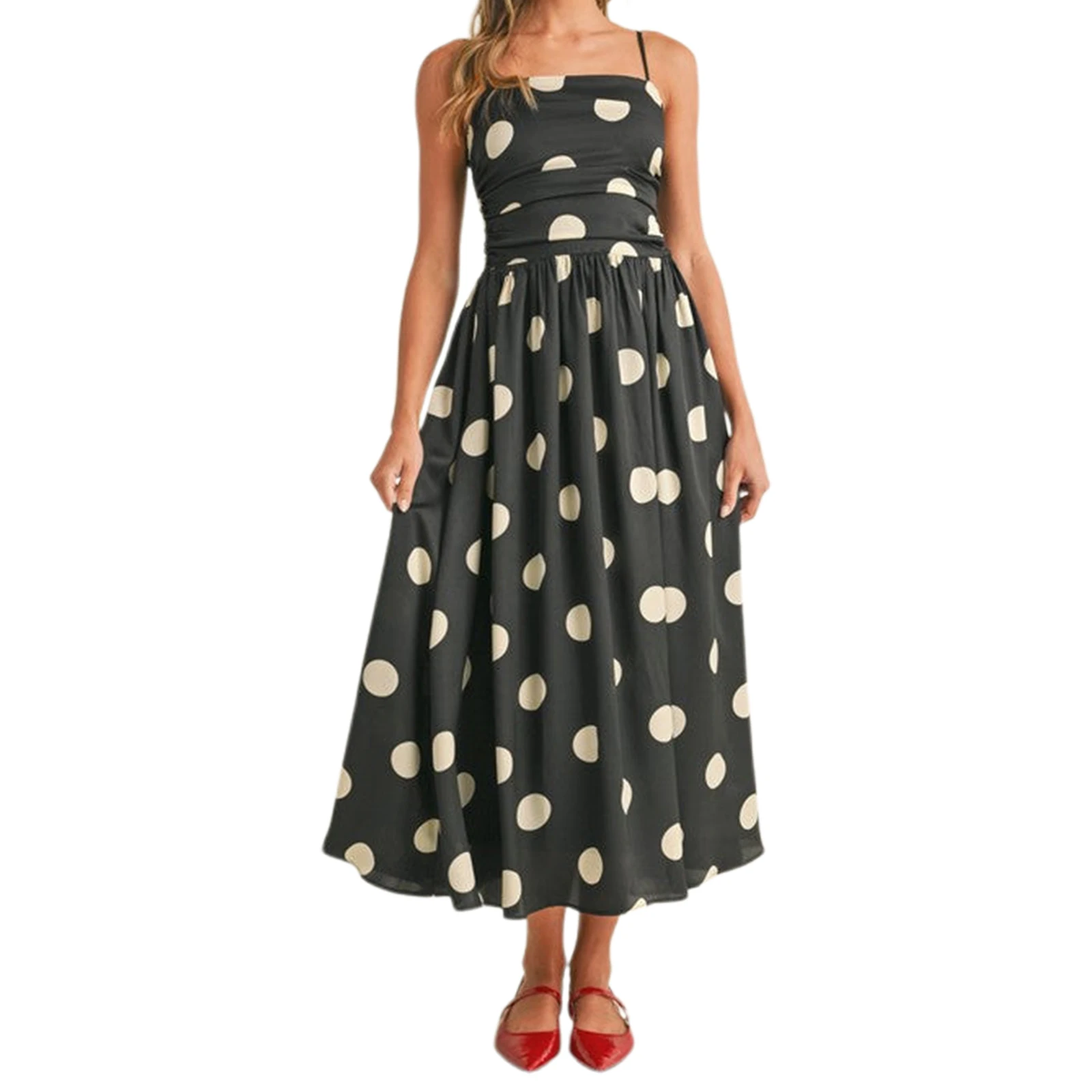 

Women Dot Print Cami Dress Ruched Square Neck Spaghetti Strap A-line Midi Dress for Daily Party Travel