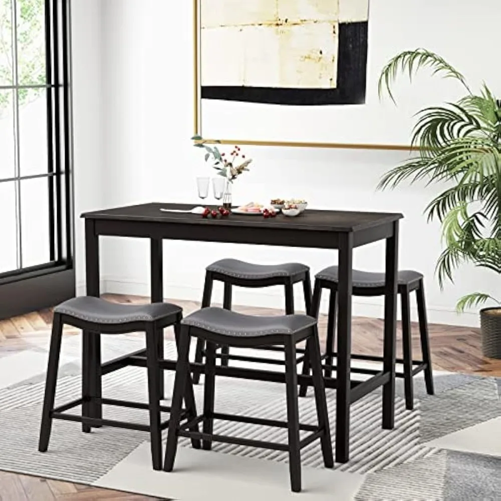 5 Pieces Bar Table Set, Bistro Table Set for 4, Counter Height Pub Table with 4 Upholstered Stools, Modern Kitchen & Dining Room