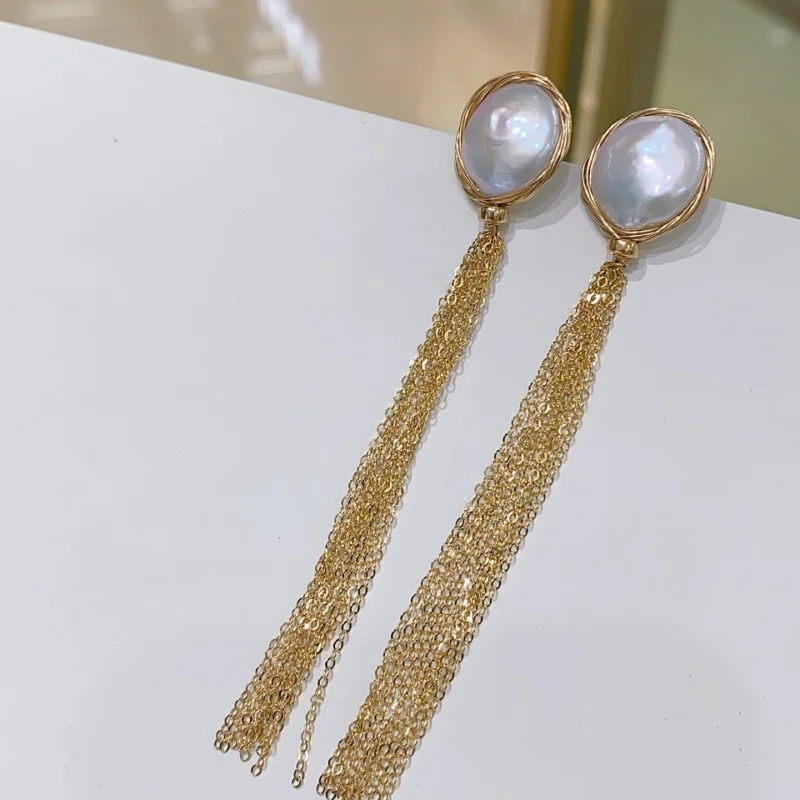 

SGARIT Fashion Korean Long Shell Gold Color Tassel Earring 14k Filled Gold Drop Earring Women's Party Accessories SE59