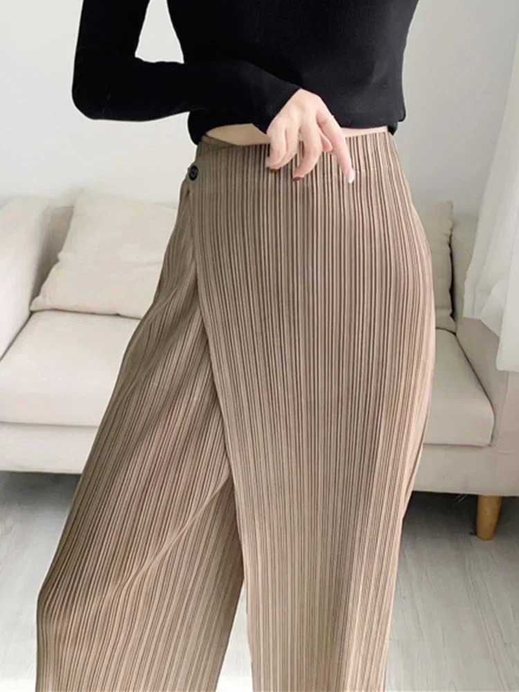 Miyake Women Pleated Solid Color Ankle-length Pants Elastic Waist Wide Leg Straight Female Trsouser Loose 2024 Summer