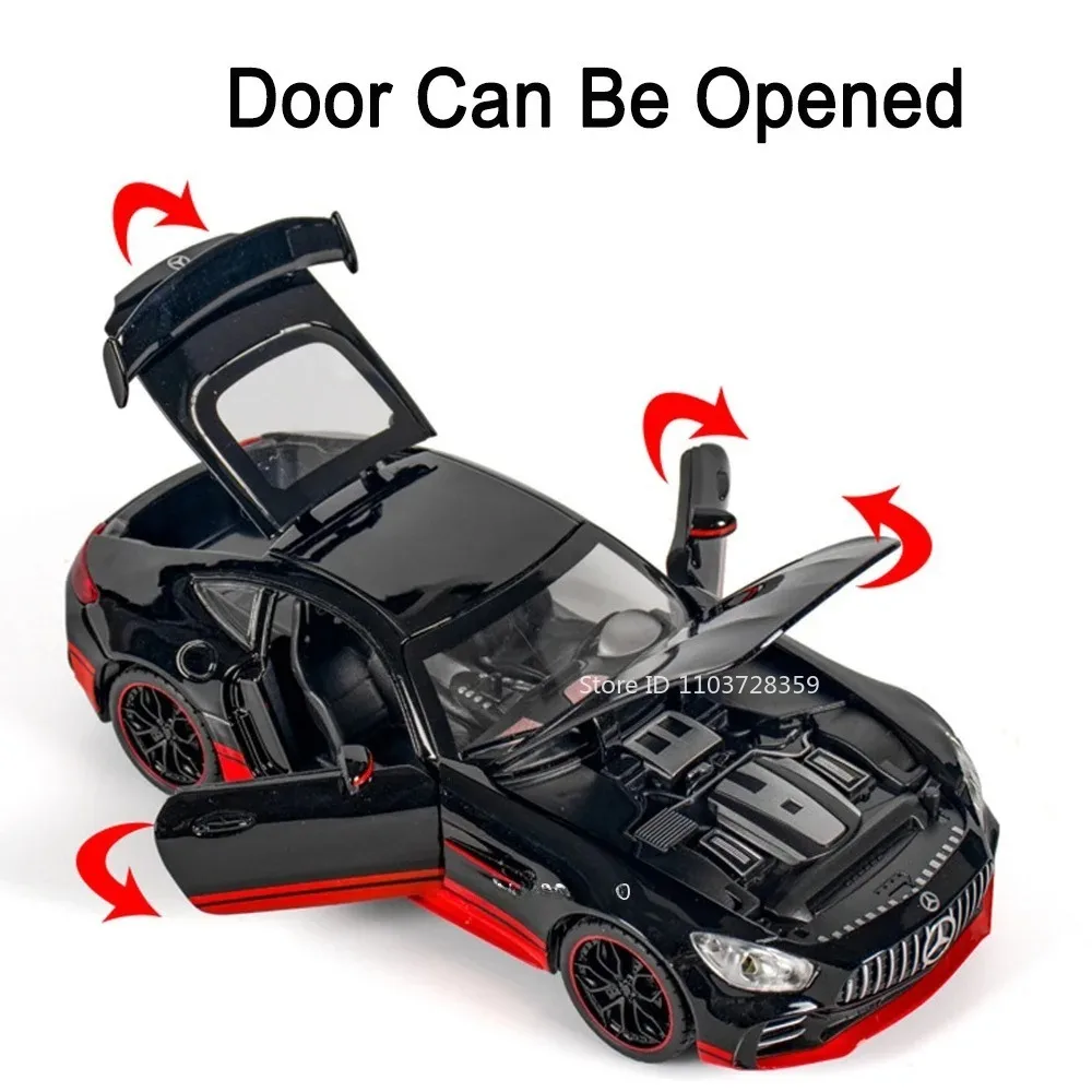 Coche deportivo en miniatura GTR GT a escala 1:24, modelos de juguete, supercoche fundido a presión de aleación, puertas con luz y sonido, espalda abierta, regalos de cumpleaños para niños