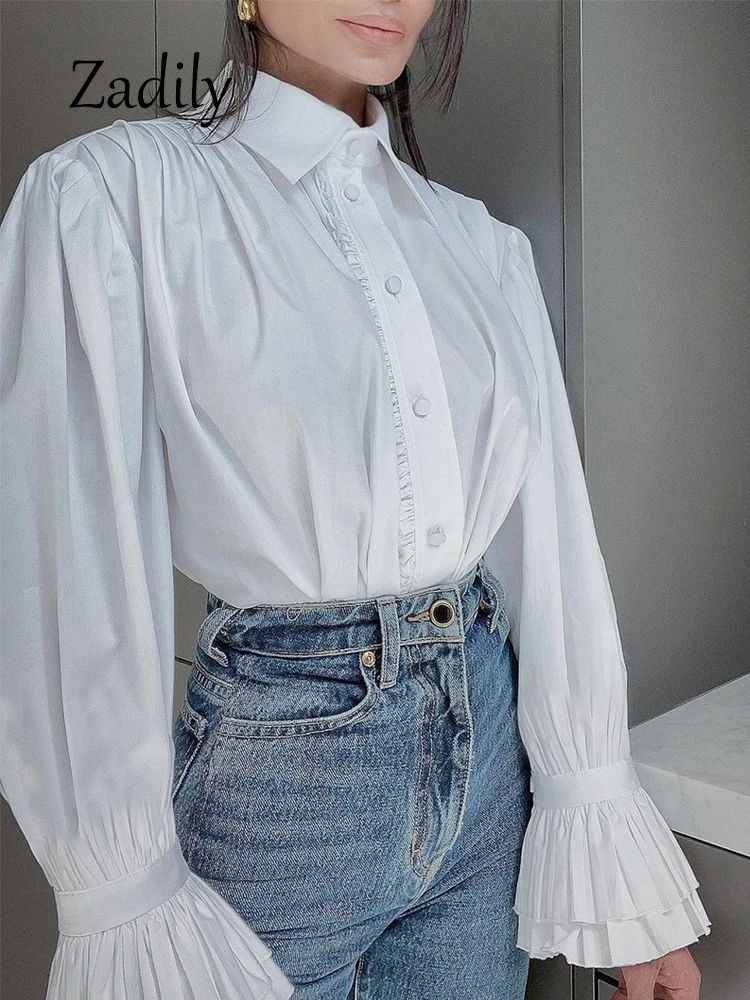 

Zadily 2024 Summer Long Sleeve Women White Shirt French Style Ruffles Button Up Blouses Turn Down Collar Clothing Female Tops