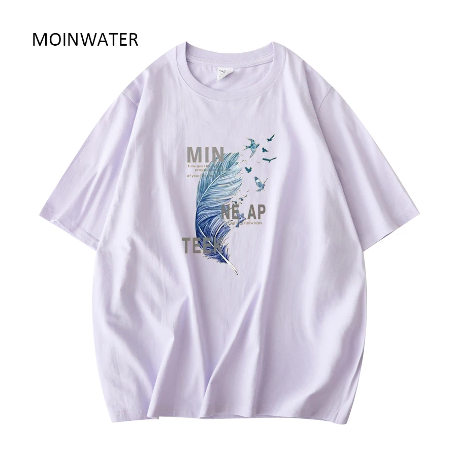 MOINWATER New Women Feather Printed T-shirts Female Purple Summer Short Sleeve Tees Lady Khaki Pure Cotton Cool Tops MT22033