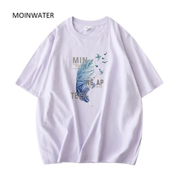 MOINWATER New Women Feather Printed T-shirts Female Purple Summer Short Sleeve Tees Lady Khaki Pure Cotton Cool Tops MT22033