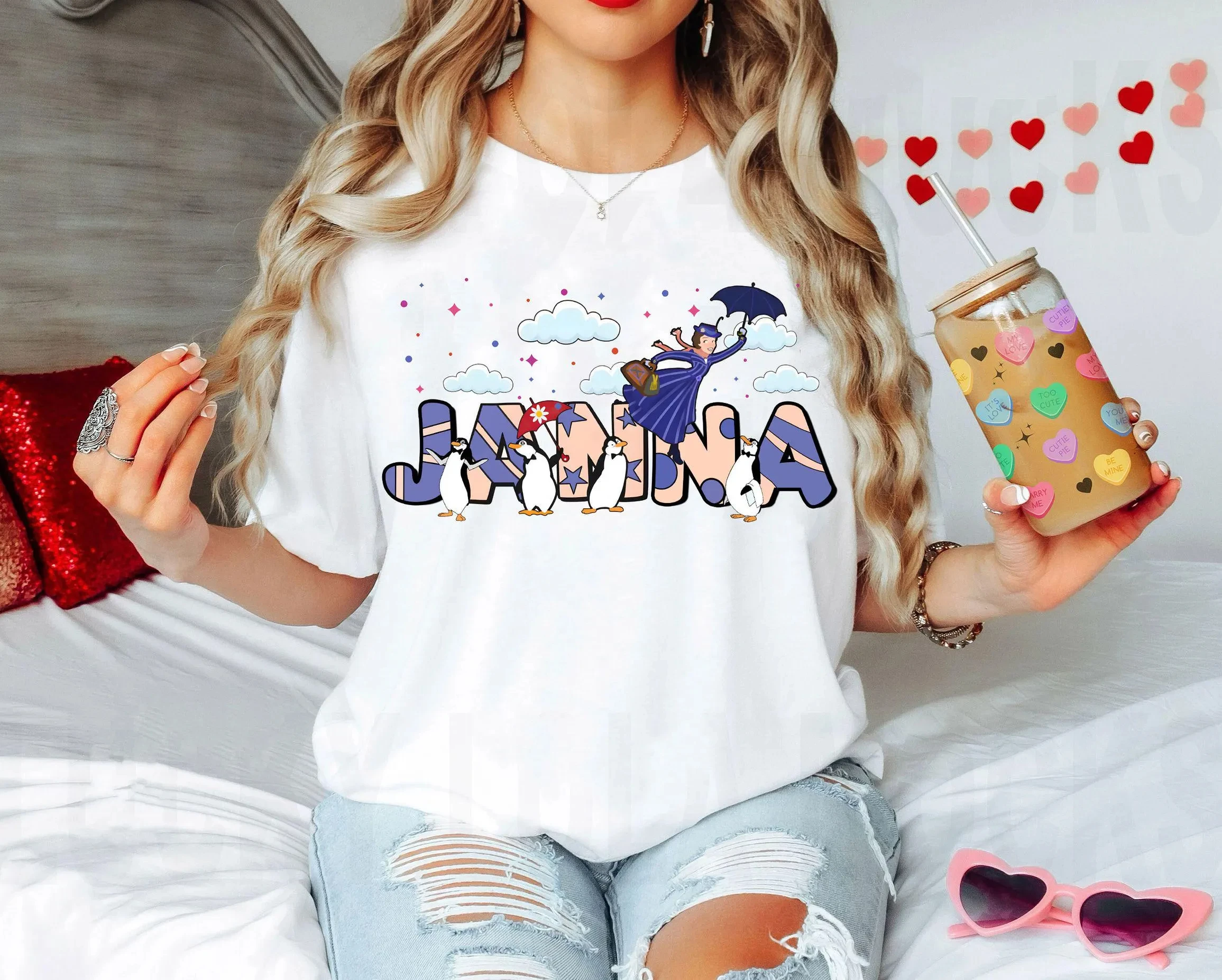 

Персонализированная рубашка Disney Mary Poppins и Penguins, футболка Mary Poppins с индивидуальным именем, праздничный семейный подарок для отдыха Disneyland