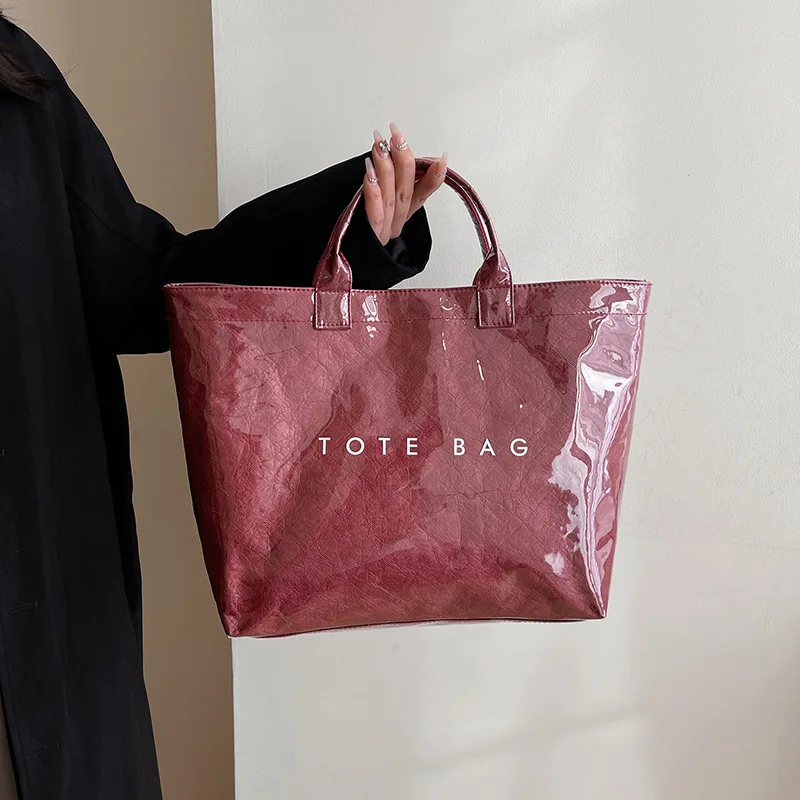 Ladies Wrinkle Kraft Paper Tote Bag Clear Coated Letter Print Large Capacity Casual Top Handle Shopping Shoulder Bag