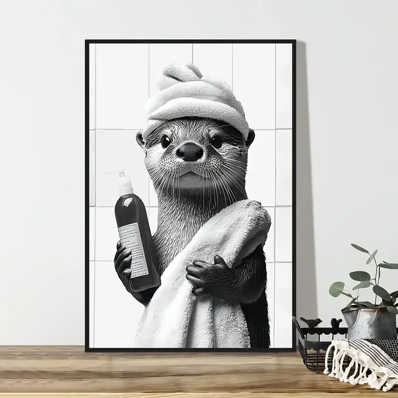 Funny Otter Shower Wall Art Poster, Cute Animals Holding Toilet Paper In Bathrobes Print On Canvas, For Bathroom and Living Room