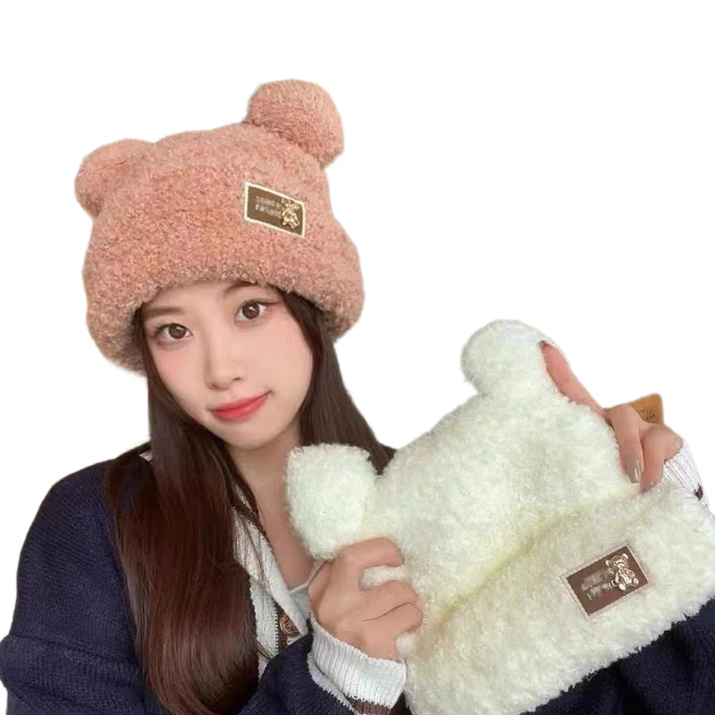 

Cute Winter Plush Beanie Cap For Women Cartoon Bear Ear Knitted Wool Hat Female Girls Solid Color Thicken Lamb Fleece Hats