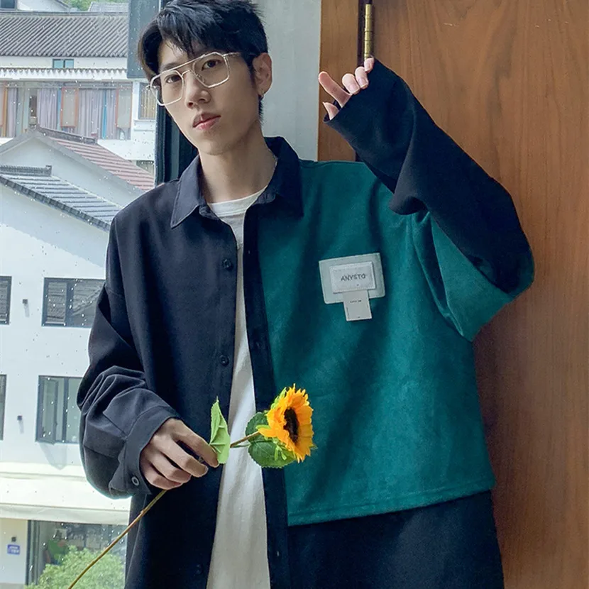 

Мужская свободная замшевая рубашка с длинным рукавом в стиле Cityboy, пэчворк, весна-осень, новый стиль, на пуговицах, классическая, в клетку, модная