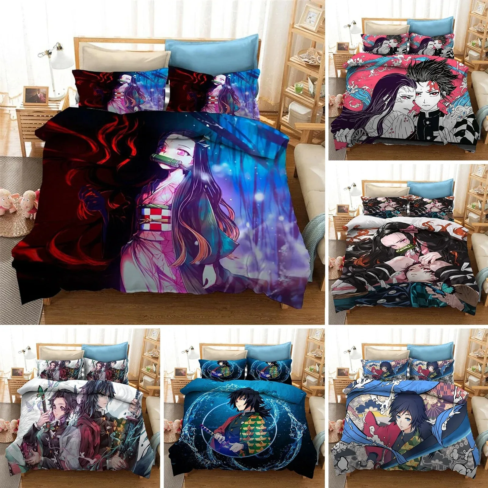 Anime Demon Slayer Duvet Cover Pillowcase 3D Printed Bedding Set Double Twin Full Queen King Adult Kids Bedclothes Quilt Cover