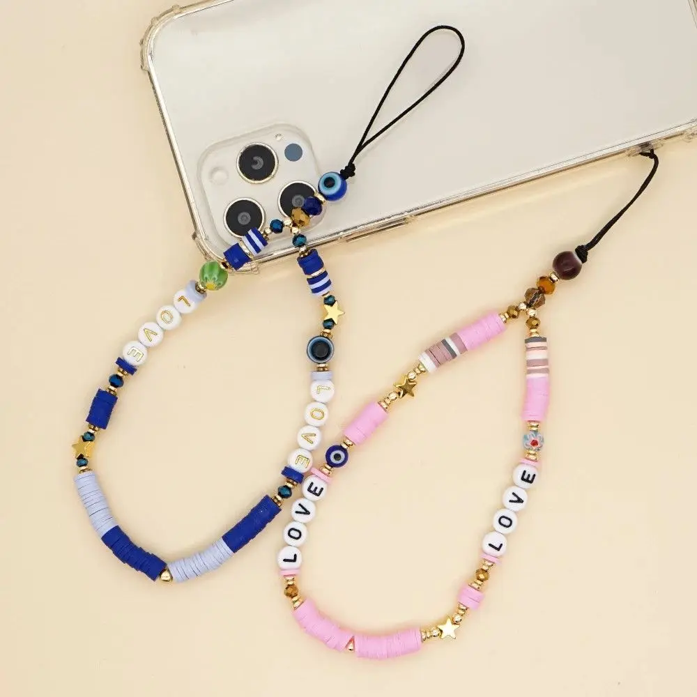 

Eye Jewelry Soft Pottery Rope Anti-Lost Lanyard LOVE Letter Lanyard Mobile Phone Straps Heishi Clay Beaded Cell Phone Lanyard