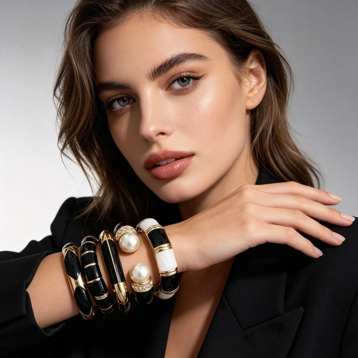 Vintage Schwarz-Weiß Gesplittete Emaille-Manschettenarmbänder für Damen und Herren, Punk Geometrisches Blumenmuster, Wellenförmiger Bambus-Gelenk-Armreif Schmuck – Detail 16