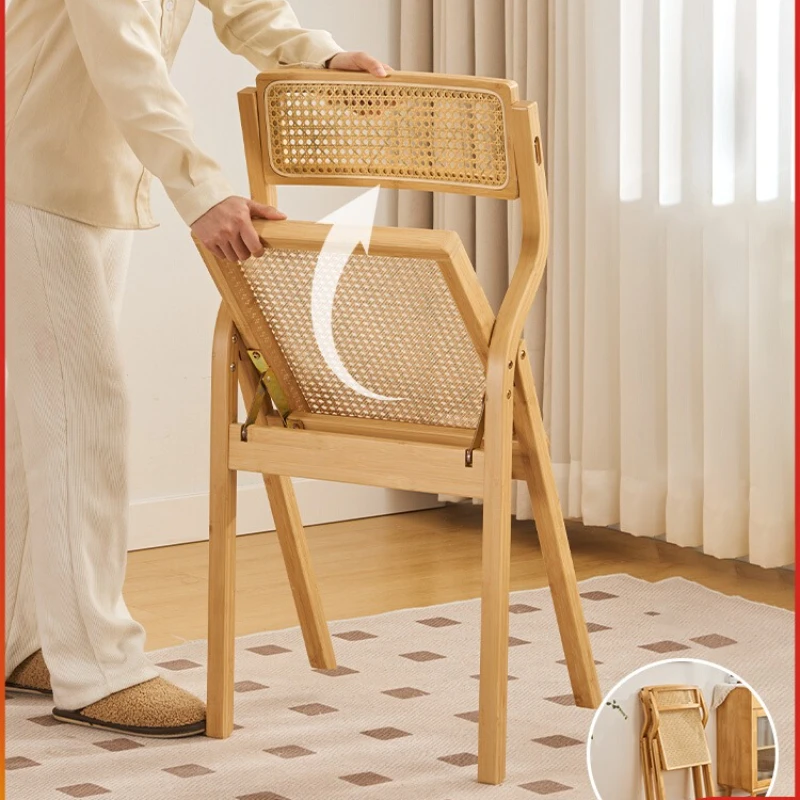 Home Backrest Dining Chair, Wabi-Sabi Style Woven Foldable Stool, Solid Wood Collapsible Chair, Casual Tea & Dining Bench