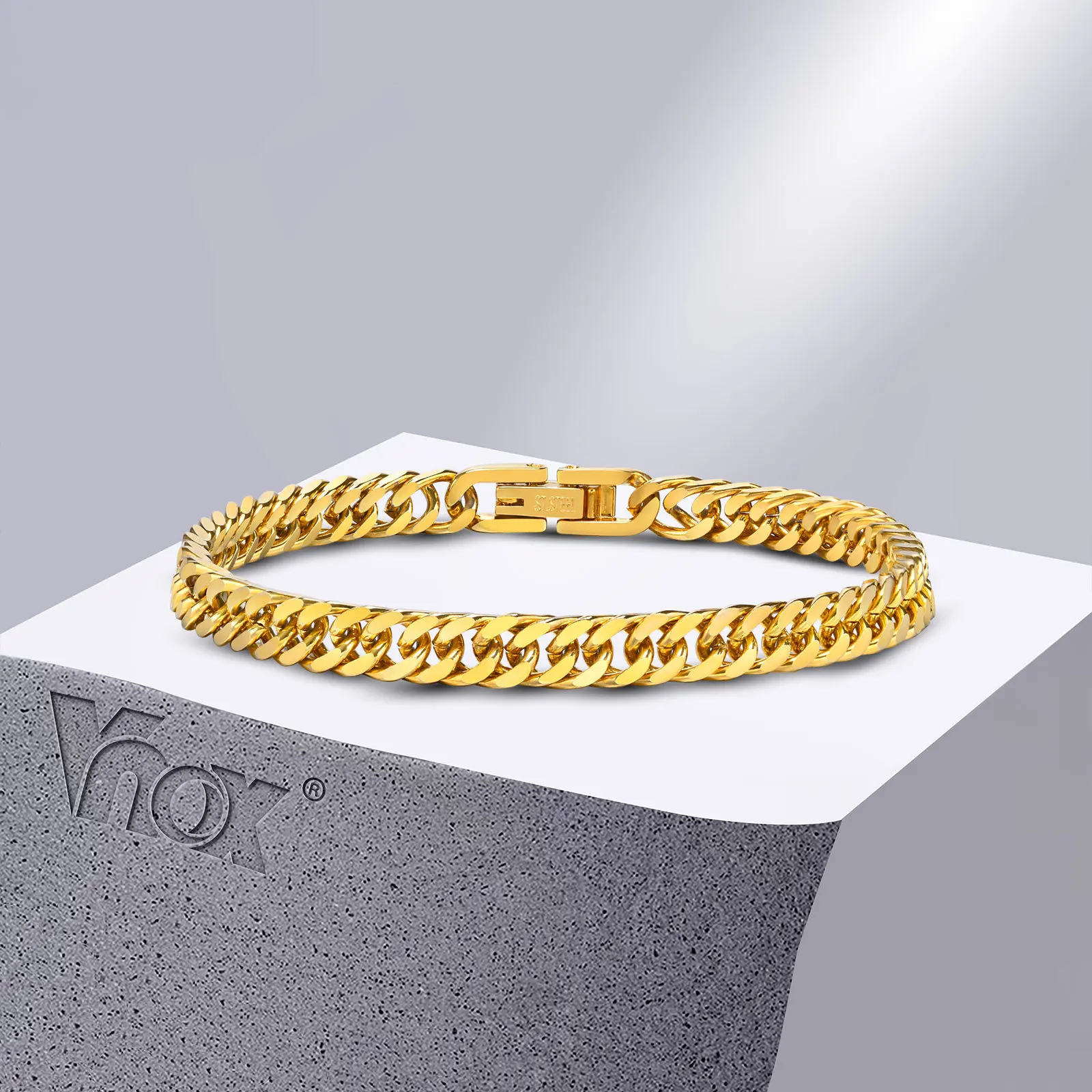 Vnox 5.3mm Cuban Link Chain Bracelet for Women, Gold Color Stainless Steel Italian Curb Chain Wristband Gifts Jewelry