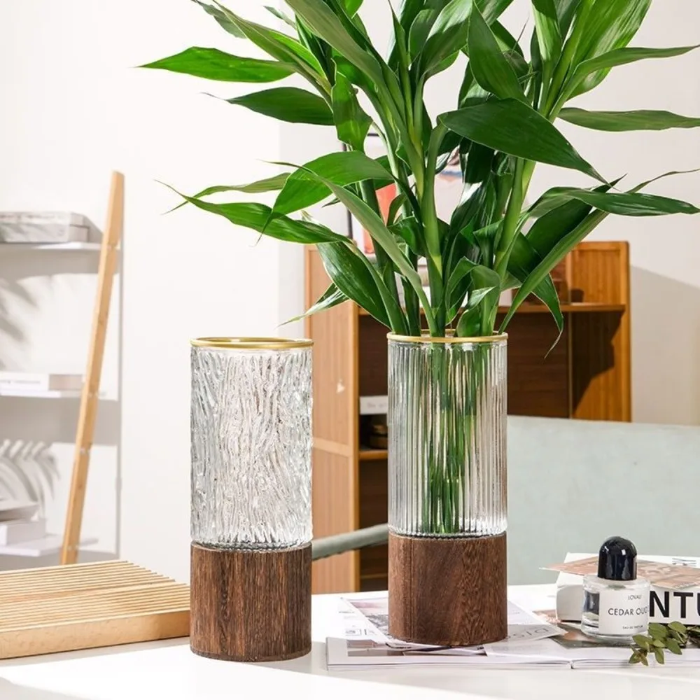 

Retro Wooden Base Glass Vase Striped Large Capacity Transparent Hydroponic Vase Thick Cylinder Flower Vase Wedding