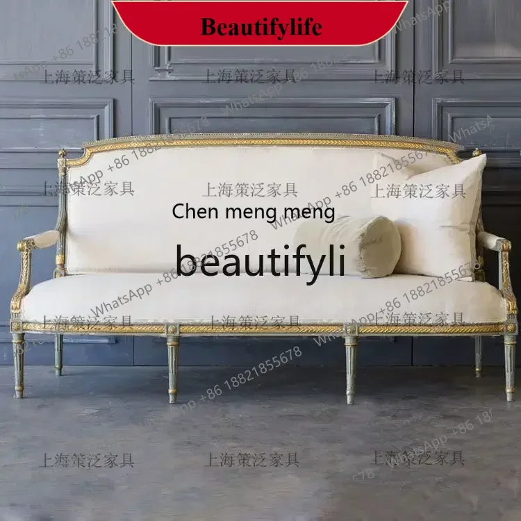 D178   French gold retro solid wood carving flower single double three-person sofa American country living room studio meeting