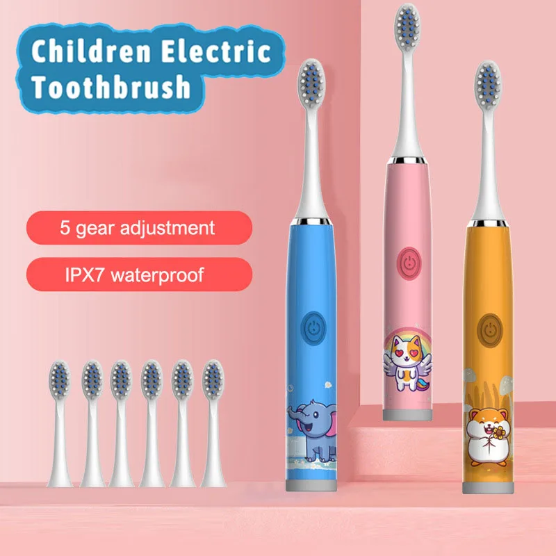 

USB Sonic Child Electric Toothbrush Rechargeable Colorful Cartoon Brush Kids Automatic IPX7 Waterproof With Replacement Heads