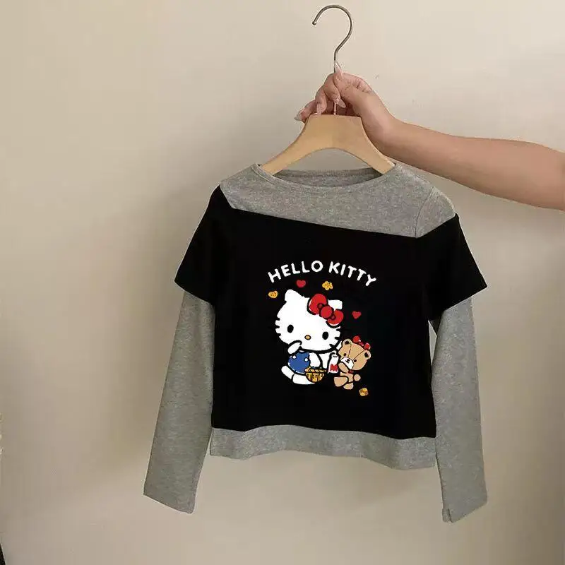 

Sanrios Hello Kitty Base Shirt New Style Fake Two Pieces Print Long Sleeve Girl Spring Autumn Casual Korean Version Baby T-Shirt