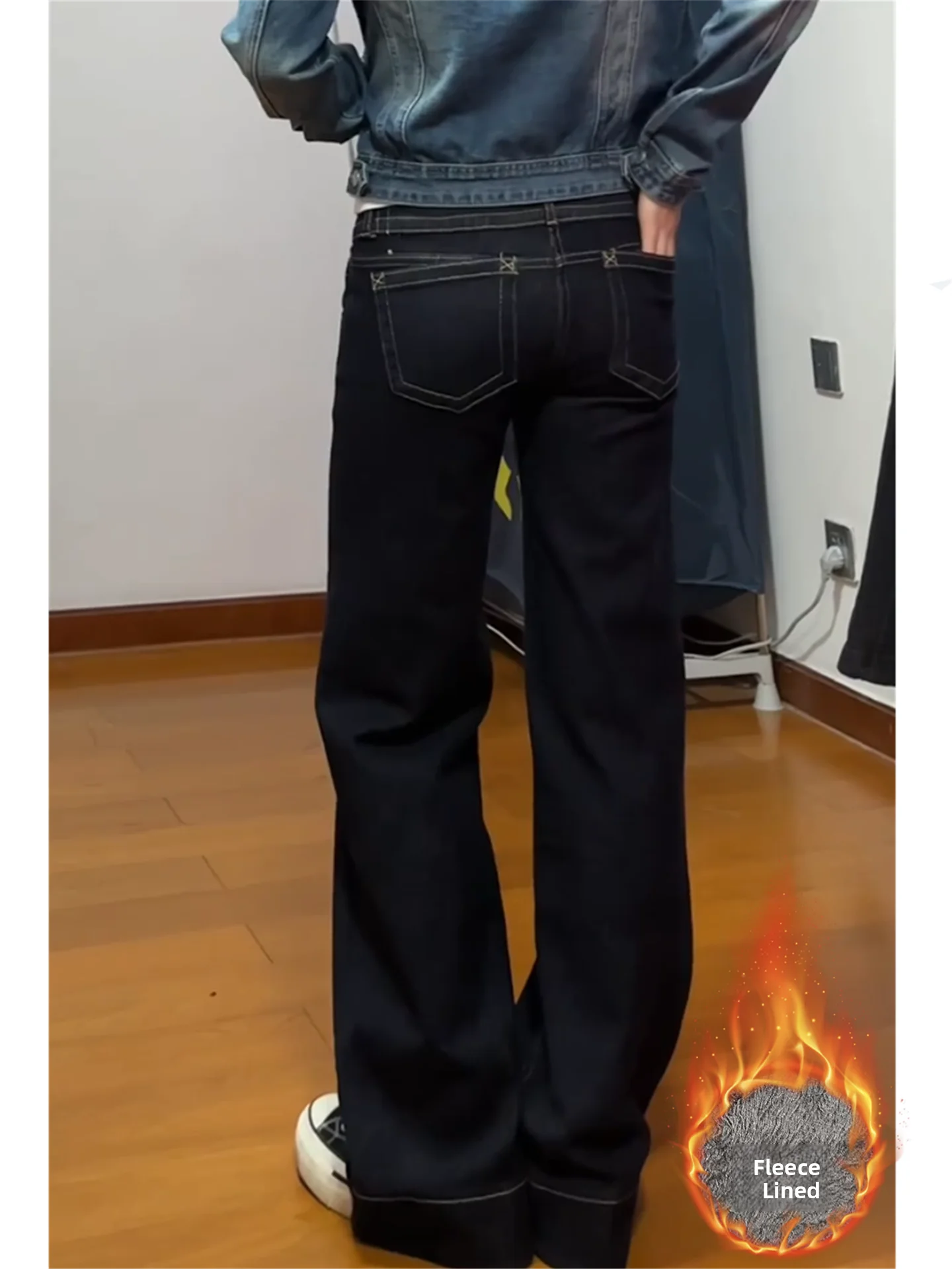 

Винтажные джинсы в американском стиле, темно-синие, расклешенные, женские, зимние, на флисовой подкладке, утепленные, с низкой талией, свободного кроя, фасон «клеш»