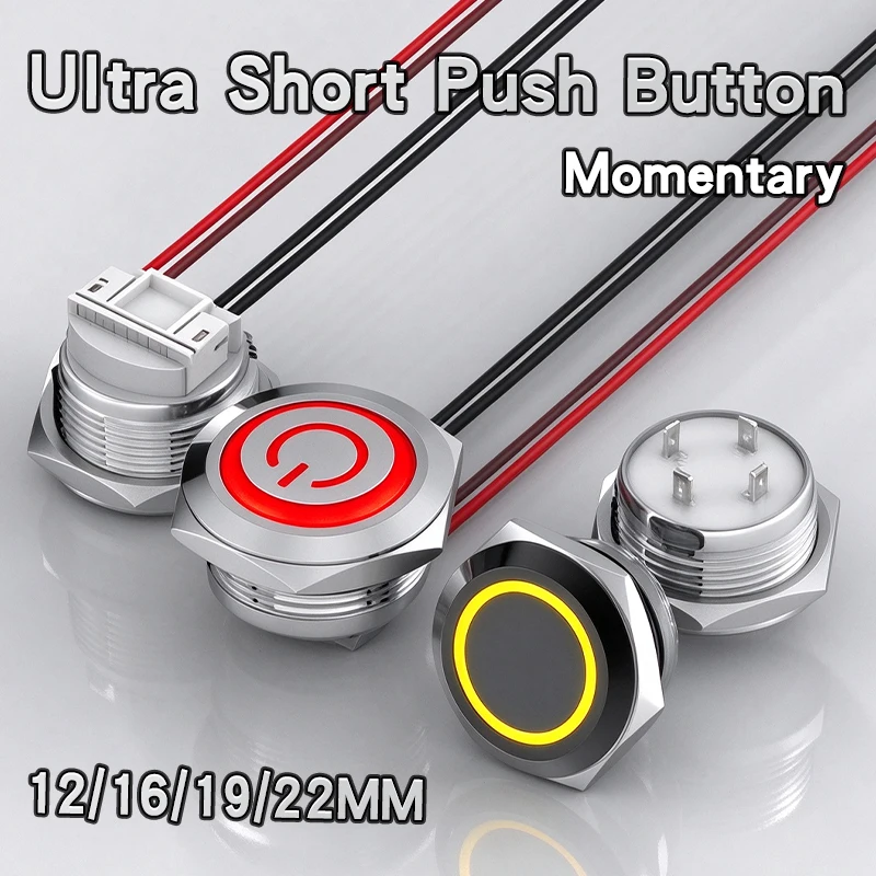 12/16/19/22MM Ultra Thin Pre Wired Solder Pin Metal Push Button Switch Momentary Short Travel Flat Head Tactile Switch 3V6V12V