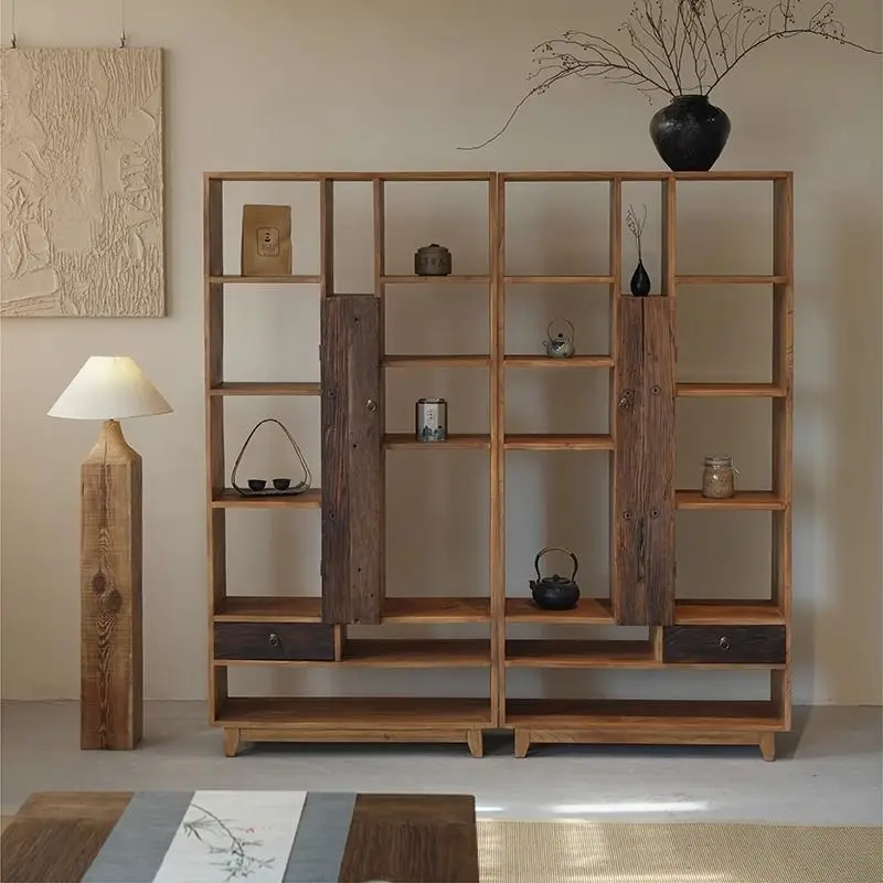 Chinese-style homestay tea room rack, tea cup holder, wabi sandy wind solid wood bogu rack