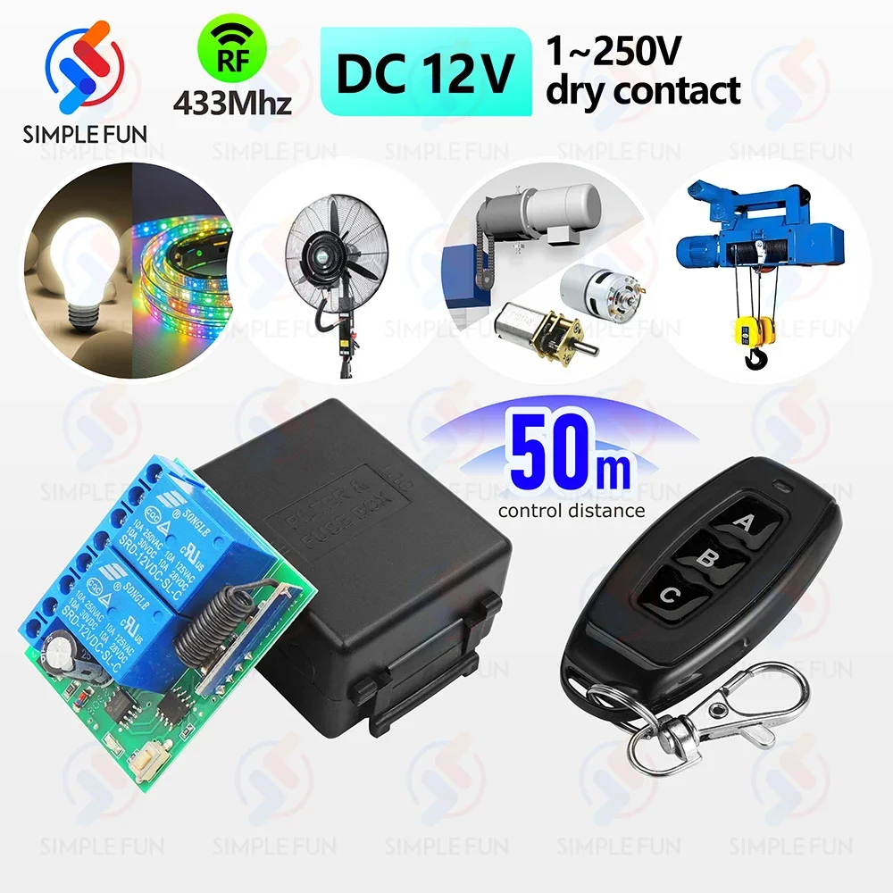 

433MHz DC 12V 2 CH Universal Wireless Remote Control Switch Motor/Light Relay Switch 50m Control Range,for Light/Gate/Motor/DIY