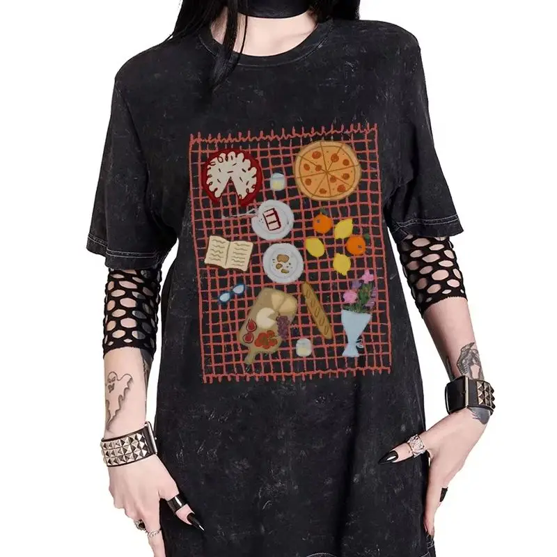 

Y2K Graphic T-shirt Picnic Grid T-shirt All Cotton High Quality Oversize Washed T-shirt Coloful Food Print Casual Y2K Trend