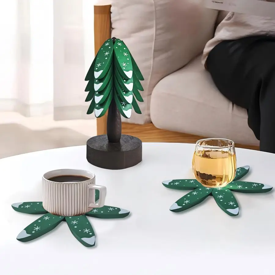 

Wood Coasters Set, Decorative Christmas Tree Holder with 4 Pieces Coasters Leaves for Bar, Home, Kitchen, Natural Beech Wood Hom