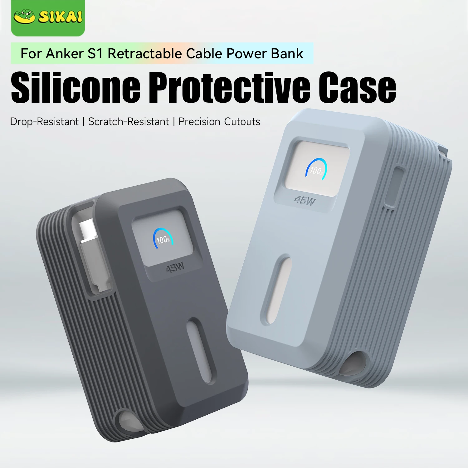 Protective Silicone Case For Anker S1 Retractable Cable PowerBank (10,000mAh 45W) A1638 Anti-Slip & Shockproof Protective Cover