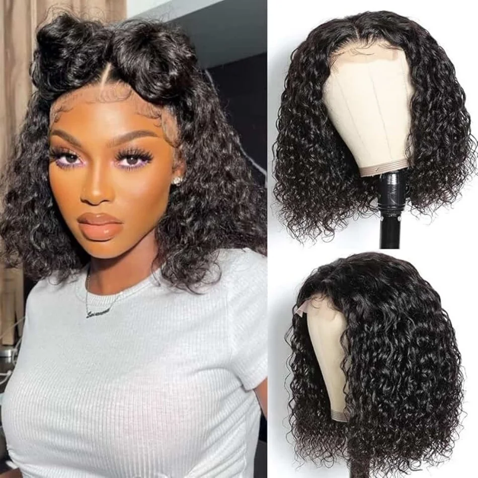 

Black Kinky Curly Short Bob 13x4 Lace Front Wig Brazilian PrePlucked For Women Deep Wave 4x4 Closure Lace Frontal Human Hair Wig