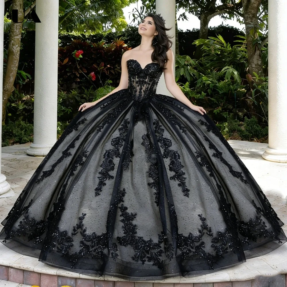 

ULBYANRY Customized A-line Strapless Sweet 15 Dress Sparkly Sleeveless Applique Quinceanera Dress Princess Style Mesh Prom Dress
