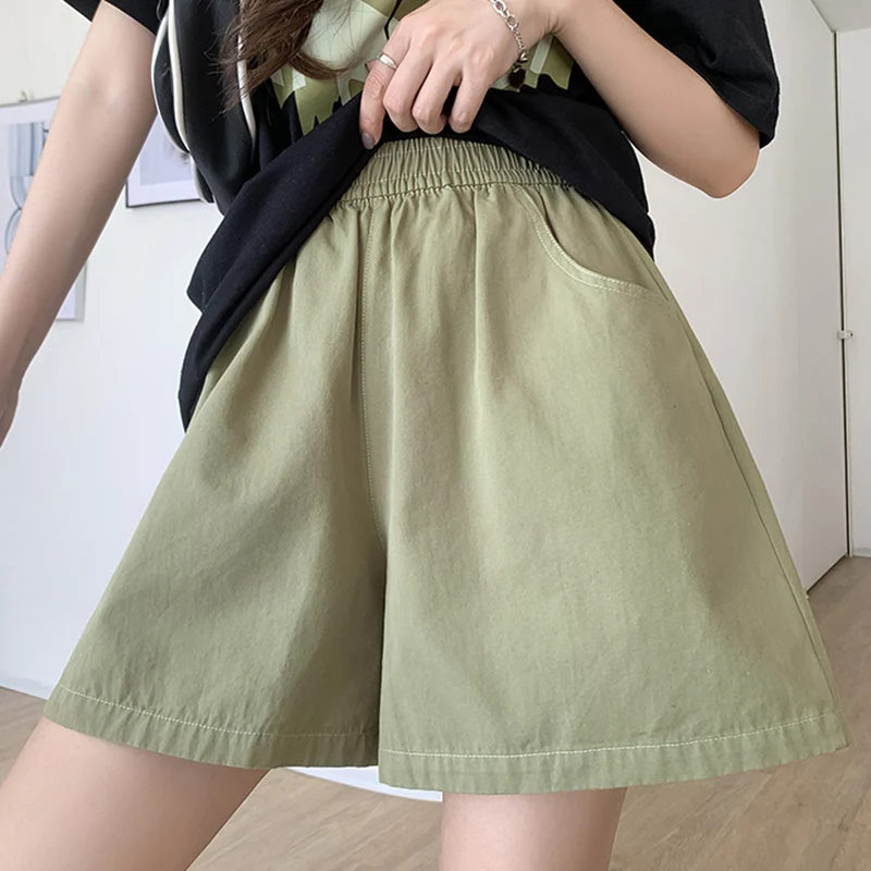女性のカジュアルワイドレッグショーツ夏無地弾性ハイウエストショーツ女性韓国ストリートポケットショートパンツ女性