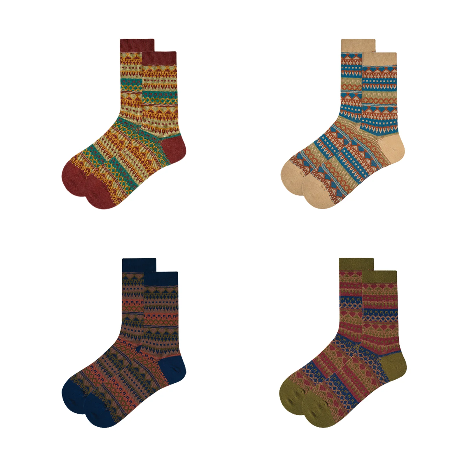 Women's boneless retro trendy socks four-color combination (dark red/off-white/navy blue/military green)