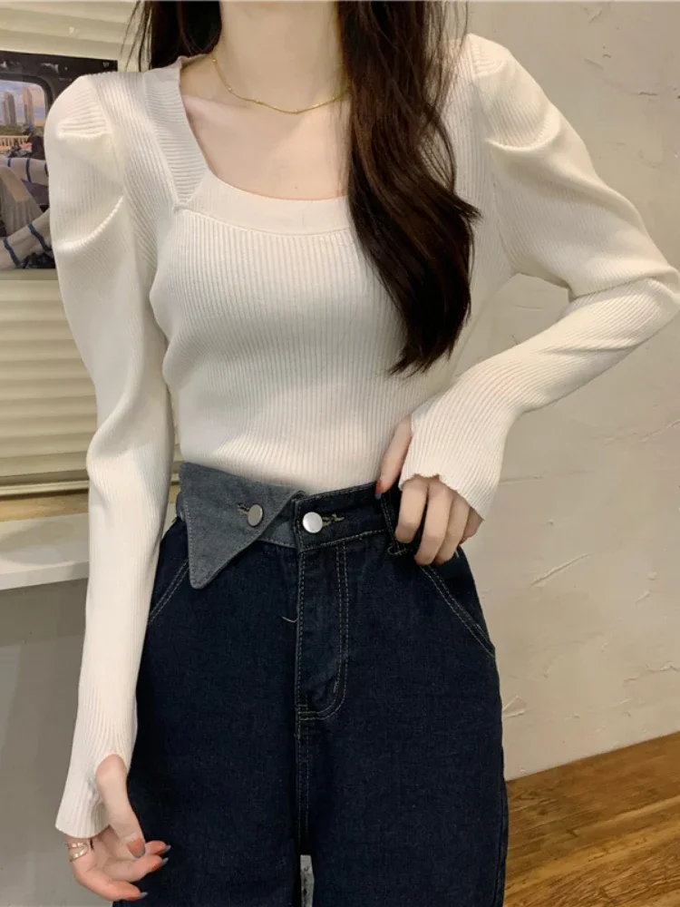 OCEANLOVE Autumn Winter Pull Femme Solid Square Neck Puff Sleeve Vintage Women Sweaters Korean Sweet Short Pullovers Fashion