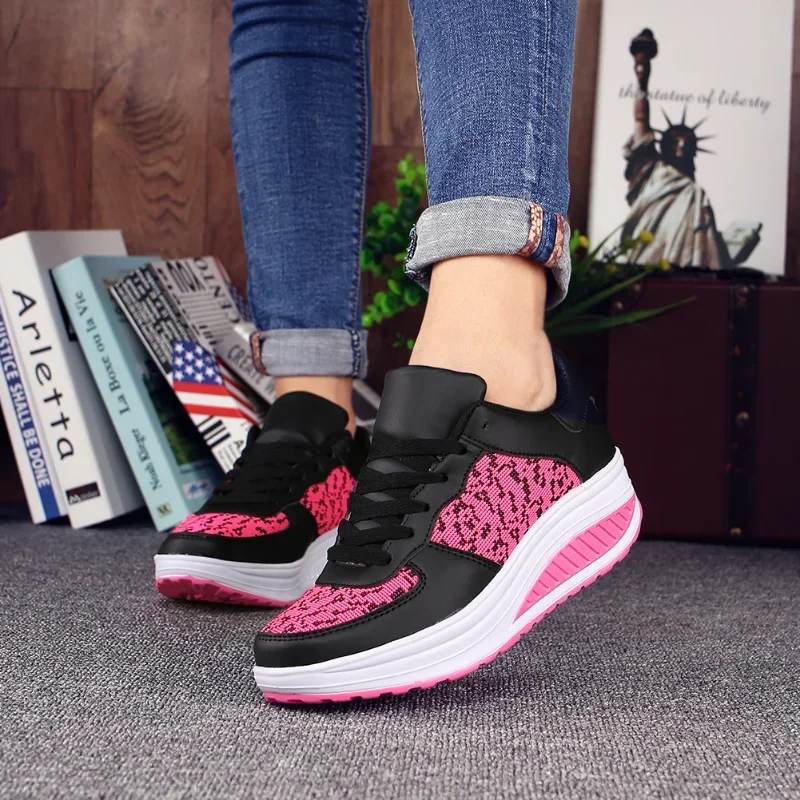 Fashion Plus Size 43 Swing Platform Shoes for Women\'s Lace-up Wedge Sneakers Breathable Mesh Casual Running Shoes Zapatos Mujer