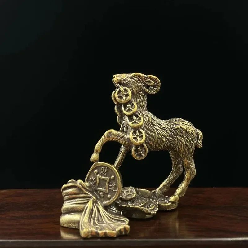 Antique Brass Coins Goat Statue Solid Copper Animal Sheep Figurines Miniatures Chinese Feng Shui Desk Ornament Crafts Decoration