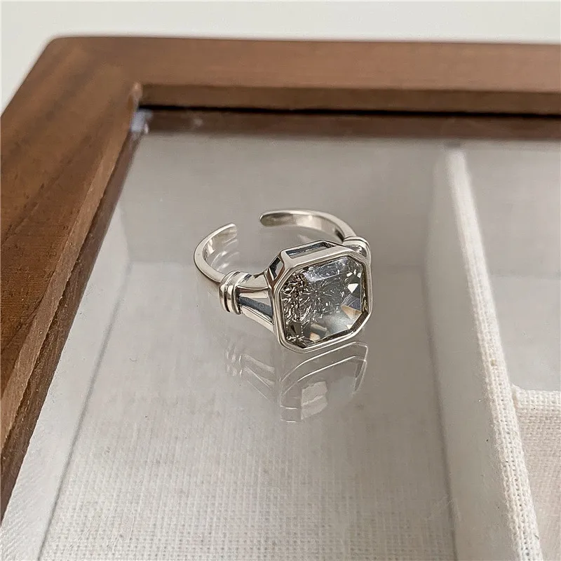 Anillo de Plata de Ley 925 con piedra cuadrada única para mujer, joyería Vintage abierta para los dedos, alergia para fiesta, regalo de cumpleaños