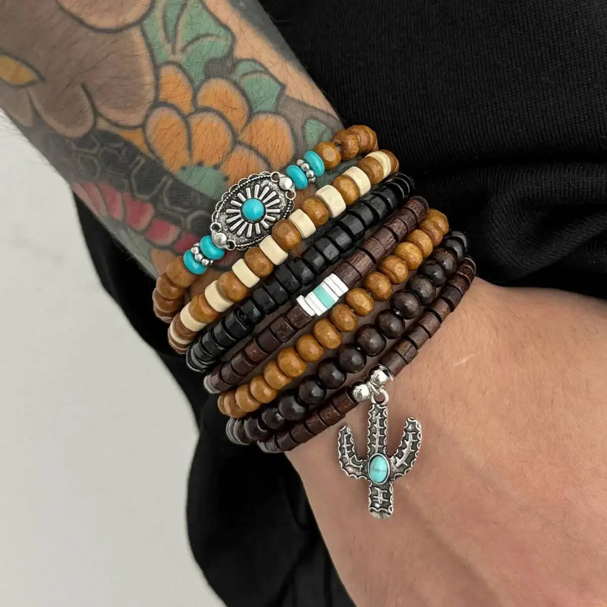 

SHIXIN Vintage Multi Layer Wooden Bead Chain Bracelet Set Men Ethnic Elastic Rope Cactus Leaf Bull Head Pendant Charm Bracelet