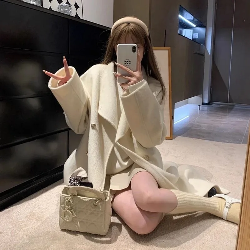 

2026 Серое двустороннее бархатное пальто, женское новое осенне-зимнее высококачественное шерстяное пальто с небольшим воротником-стойкой, средние и длинные куртки