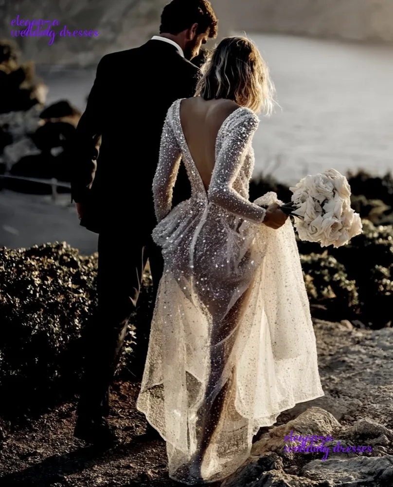 Abiti da sposa moderni personalizzati con paillettes con scollo a V maniche lunghe lunghezza pavimento abiti da sposa senza schienale Robe De Marié 2025