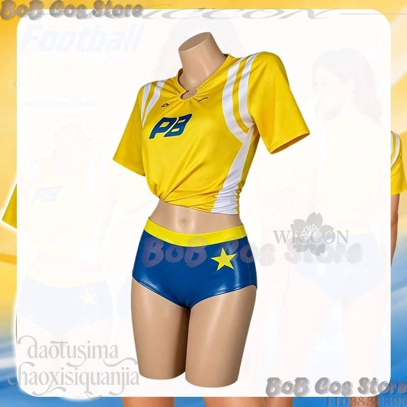 

Cheerleading Uniform Sexy Football Baby Woman Cosplay Goals Idol Stage Suit Yellow Tshirt Blue Mini Shorts Sportswear Fans Suit