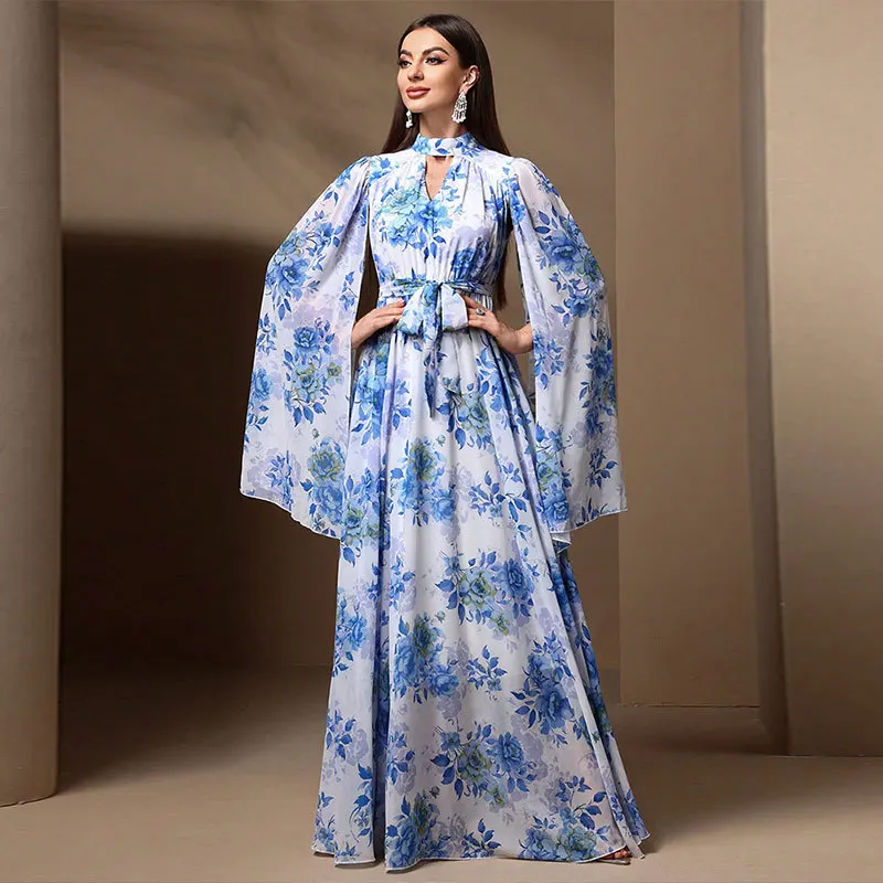 Fashion loose chiffon dress elegant cape sleeves printed wedding bridesmaid dress high-end temperament classic luxury women's cl